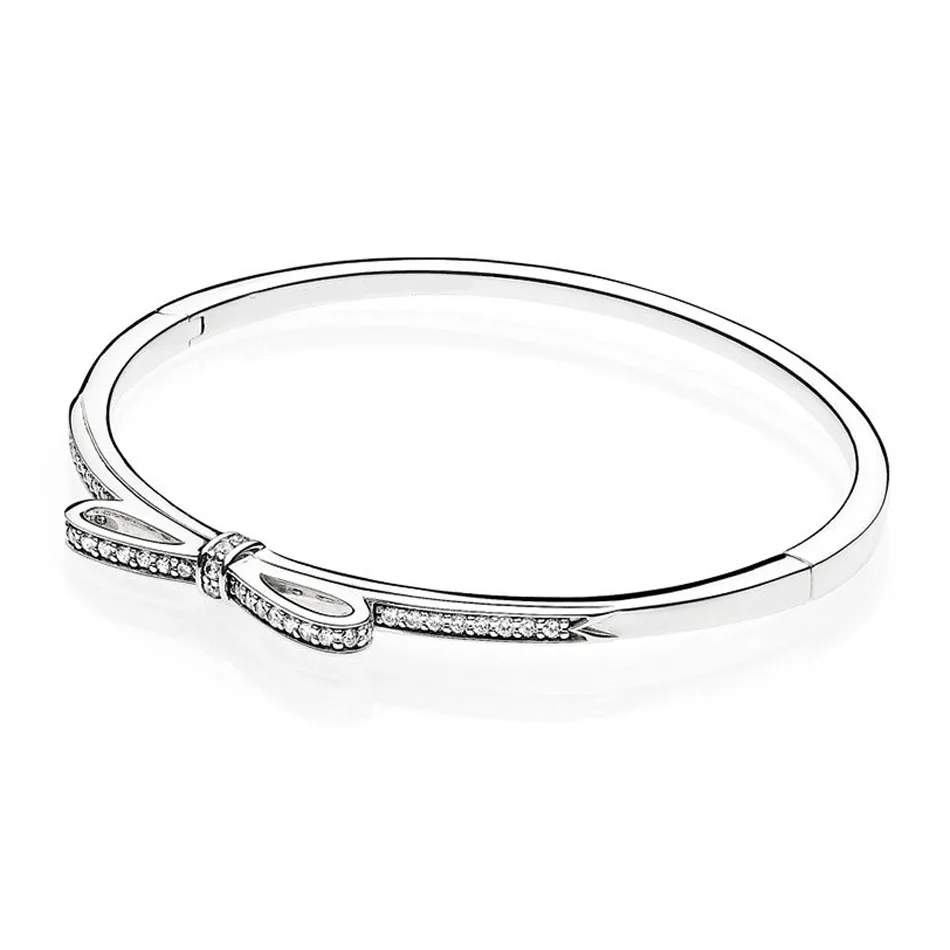 

Authentic S925 Sterling Silver Women Bracelet Bangle fit Lady Bead CharmsPendant Dangle Sparkling Bow Clear CZ