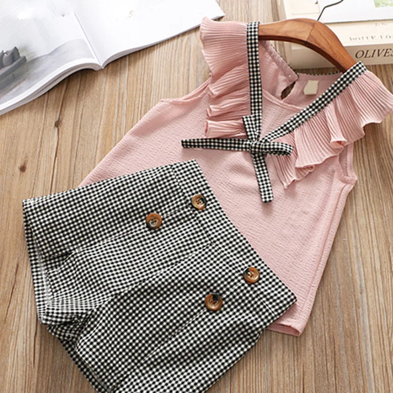 chiffon sleeveless tops+plaid shorts summer 2019 kid girls clothes set toddler little girl outfits children clothing pink white