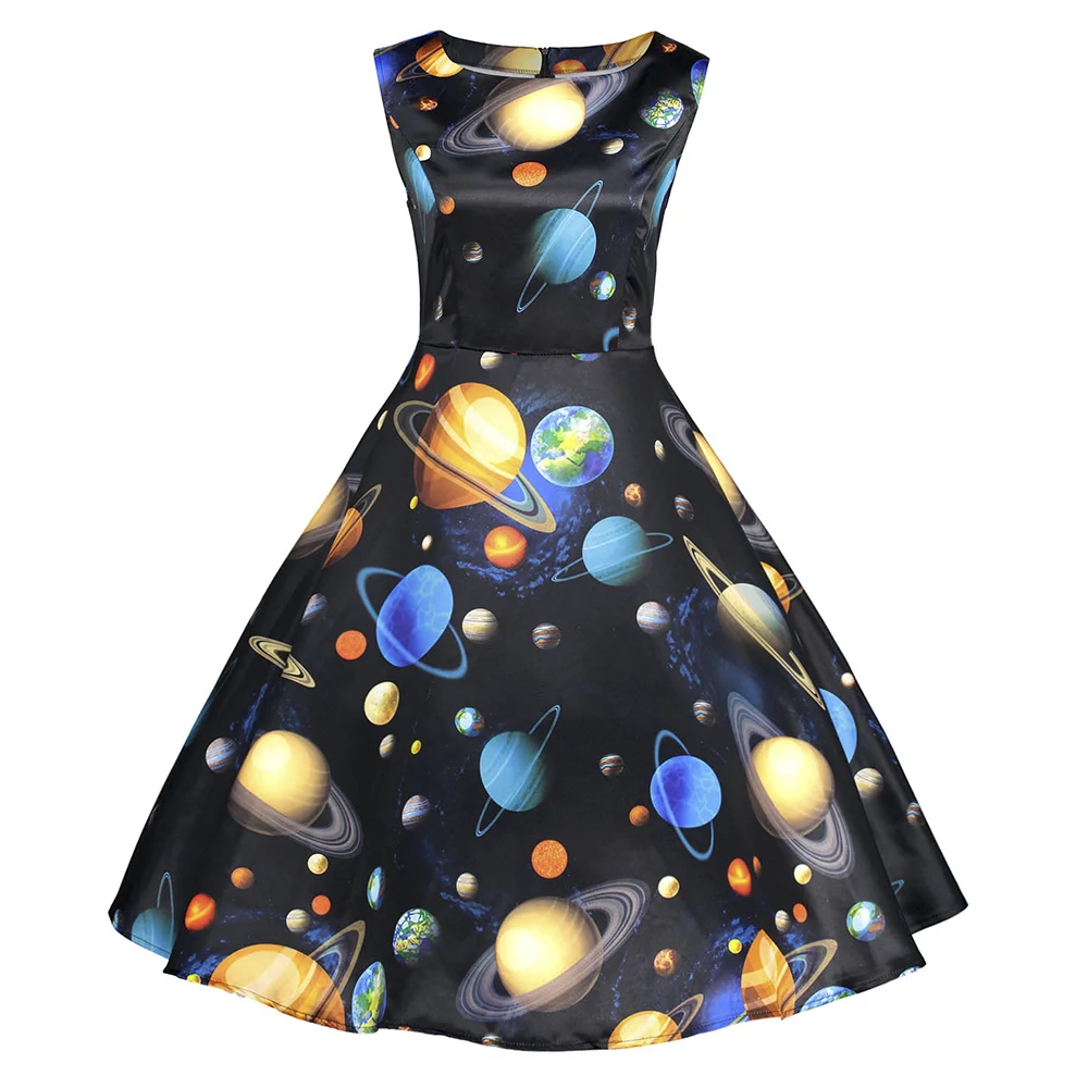 

Sovalro Planets Print Summer Dress Women Sleeveless Pin Up Dress Vintage 50s Retro Rockabilly Robe Swing Party Dresses Vestido