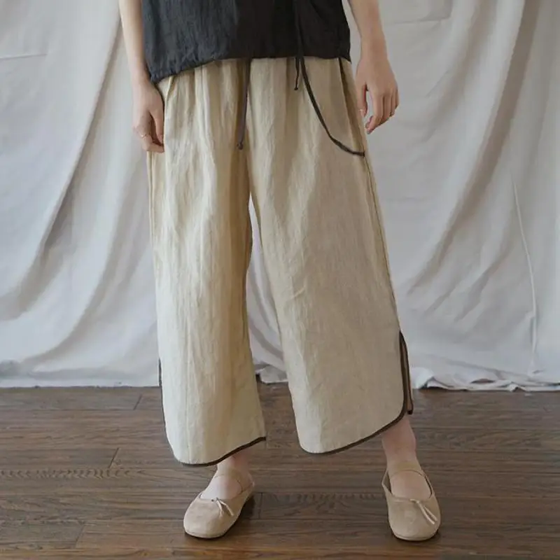 

Johnature Ankle-length Pants Casual Loose 2019 New Summer Elastic Waist Solid Cotton Linen Trousers Comfortable Women Pants