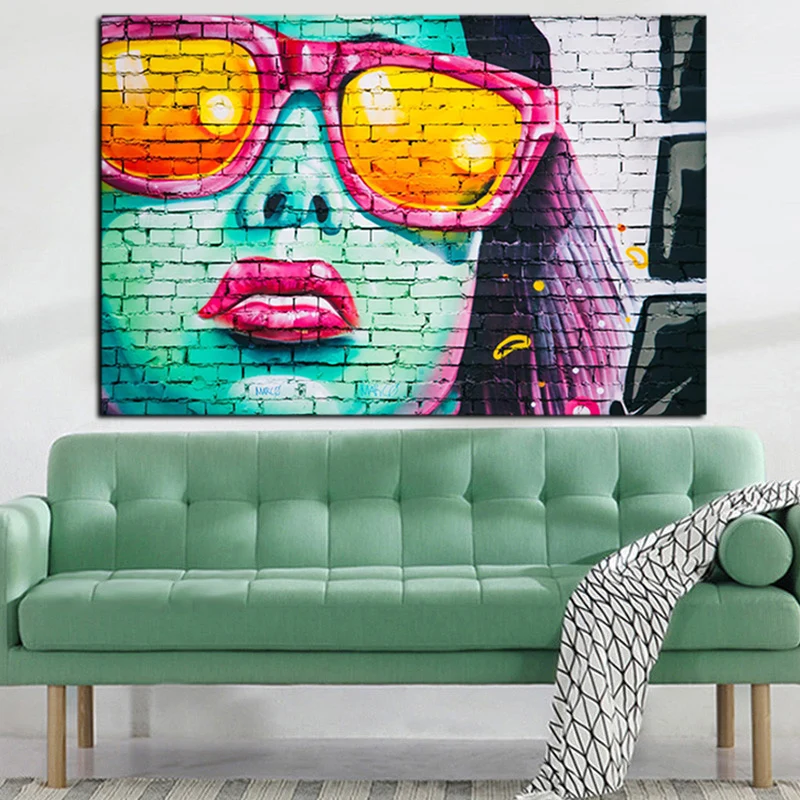 HD Print Graffiti Stree Art Women Face with Sunglasses Oil Painng on Canvas Pop Art Abstract Wall Picture for Living Room Cuadro