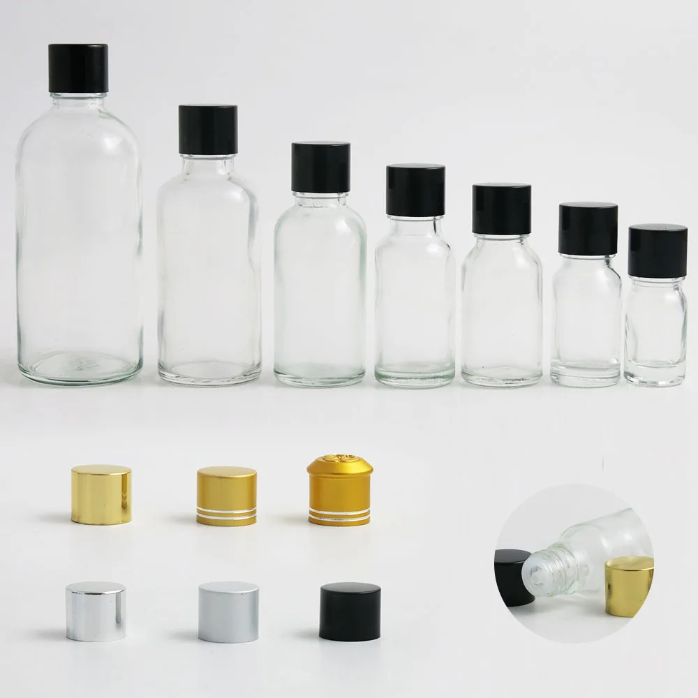 

Travel Bottle Empty Clear Glass Transparent Essential Oil boston round Bottle with Orifice Reducer and Aluminum cap 10pcs