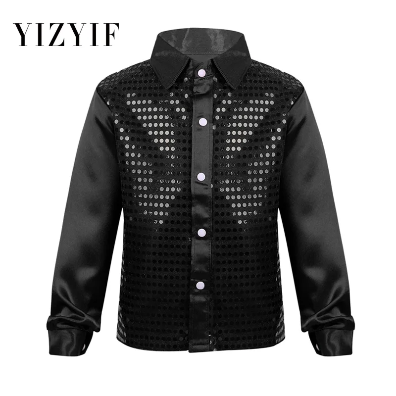 

YiZYiF Kids Jazz Dance Shirts Shiny Glittery Sequined Long Sleeve Spread Collar Shirt for Choir Jazz Dance Stage Performance
