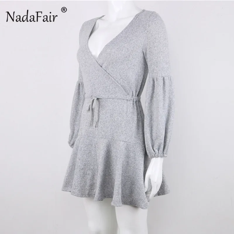 Nadafair long puff sleeve knitted autumn winter dresses women deep v neck casual elastic waist lace up sweater sexy mini dress 14