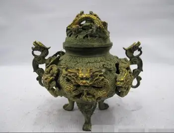 

Tibet Tibetan Buddhist classical Bronze Gilt Nine Dragon incense burner Censer