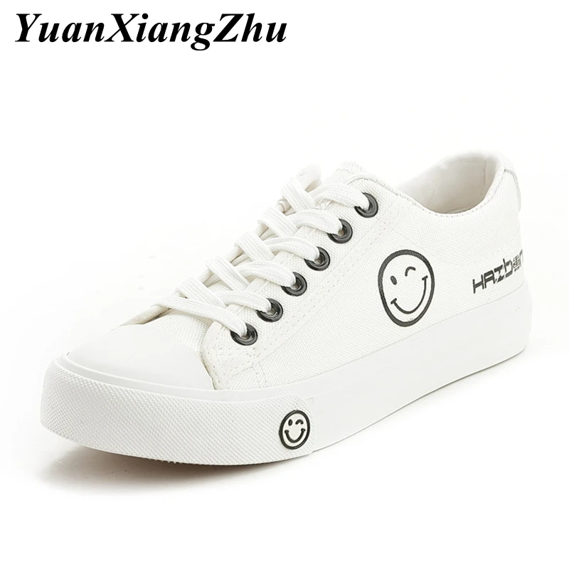 

White Sneakers Women Canvas Shoes Women Lace-up baskets femme 2019 Fashion Smiley Graffiti Vulcanize Shoes Girl Zapatillas mujer