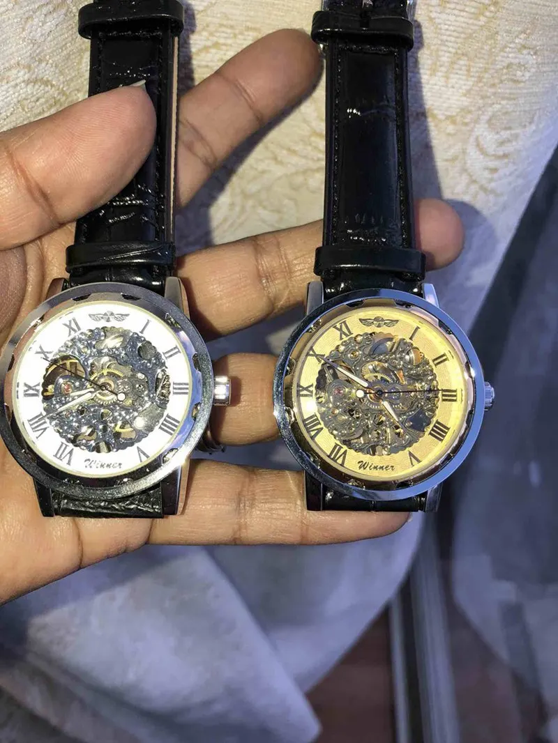 Fashion Winner Black Leather Band Stainless Steel Skeleton Mechanical Watch For Man Gold Mechanical Wrist Watch Luxury Brand