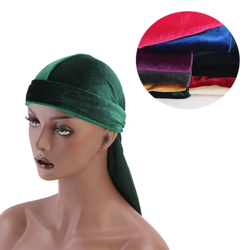 

Men Women Breathable Bandana Turban Hat velvet Wigs Durags long tail headwrap chemo cap Biker Headwear Pirate Hair Accessories