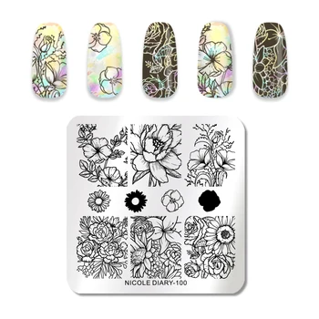 

NICOLE DIARY Square Flower Nail Stamping Plate Floral Stainless Steel Stencil Templates DIY Nail Art Image Stamp Tools