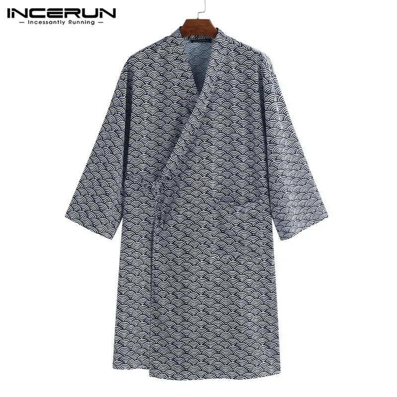 INCERUN для мужчин халаты пижамы печати японское кимоно короткий рукав мягкие свободные досуг Домашняя одежда модные халаты плюс разме