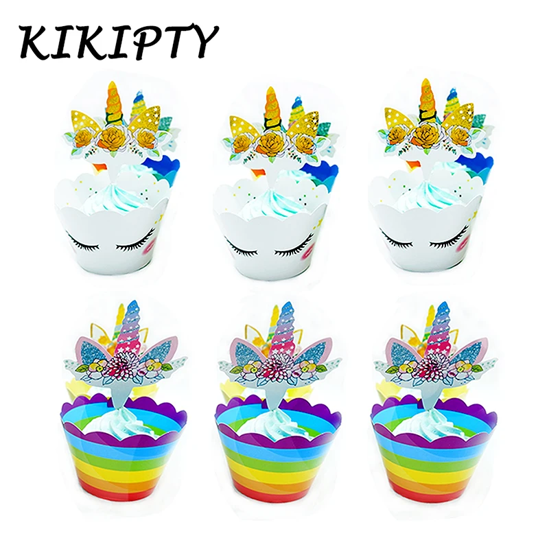 

24pcs Cartoon unicorn Cupcake Wrappers wedding Birthday Party Cup Cake Decor Cake Toppers Baby Shower Unicorn Party supplies