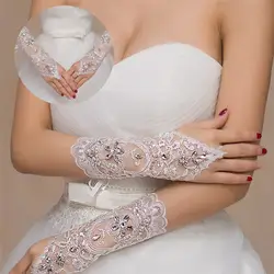 1 пара Белый Кот Для женщин перчатки без пальцев свадебный элегантный короткий параграф со стразами белые кружевные перчатки свадебные