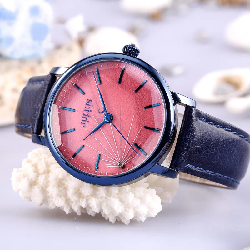 

New Women Dress Fashion Casual Quartz Round Big Stylish Watch Real Leather Steel Good Gift Watches Luxury Brand Julius Unisex