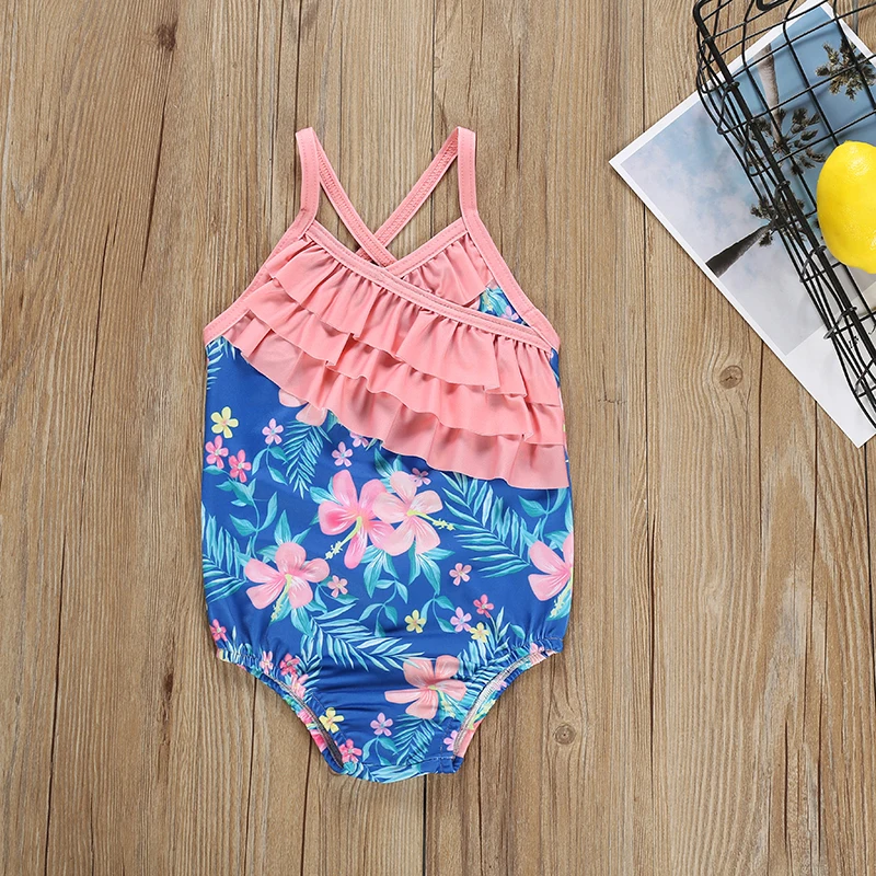 Цельнокроеные купальники с принтами цветов для маленьких девочек, детская одежда для пляжа, купальник, летняя детская одежда для плавания на подтяжках