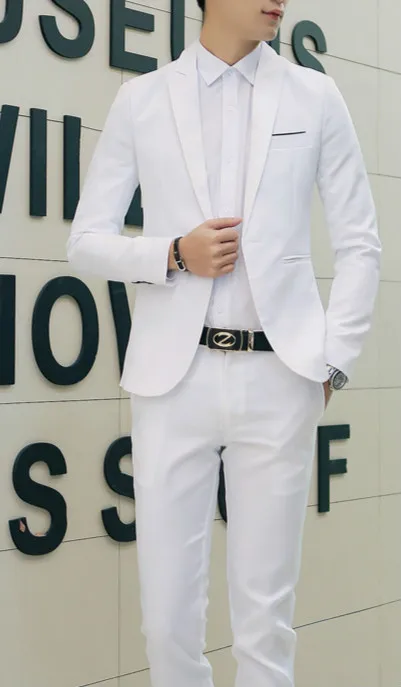 Костюм брюки рубашка костюм/ Осенняя мужская мода костюм/мужская деловая Повседневная куртка+ рубашка+ брюки - Цвет: Белый