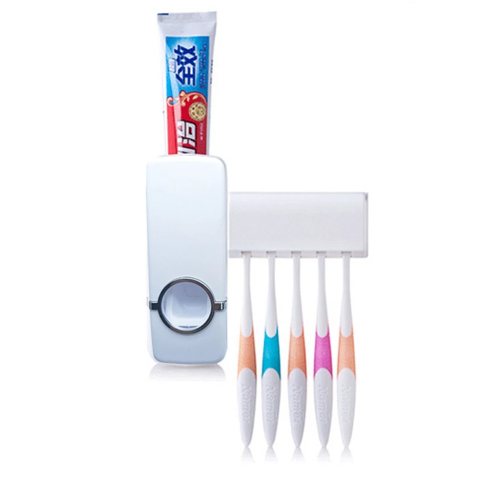 Automatic Toothpaste Dispenser 5 Toothbrush Holder Set Wall Mount Stand