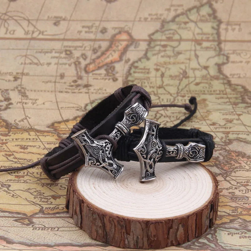 Кожаный браслет Viking Thor's hammer для мужчин и женщин, кожа и нержавеющая сталь