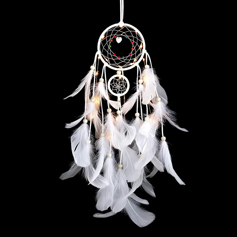

DIY Material Package Dreamcatcher White Feather Bag LED Pendant Double Ring Hand Made Light Gifts