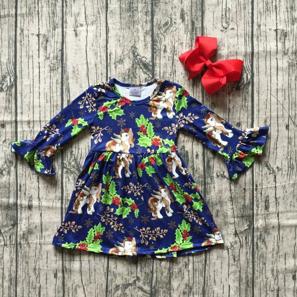

hot new Christmas tree Fall/winter cotton milk silk baby girls boutique children clothes cotton dress unicorn ruffles match bow
