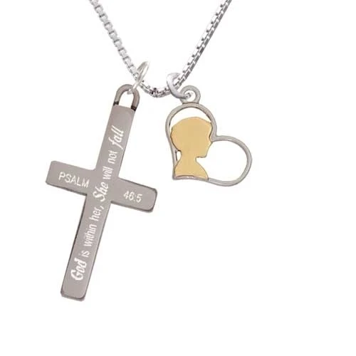 Two Tone Boy Silhouette in Heart - She will not Fall - Cross Necklace (1)