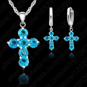 

10Color To Choose 925 Sterling Silver Austrian Crystal Cross Pendant Necklace Earrings Jewelry Sets Stock 24 Hours
