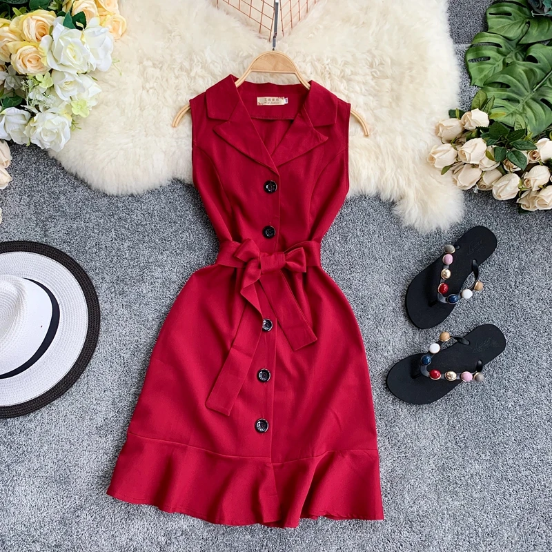

TAOVK Ruffled Vintage Sleeveless Blazer Dress OL Style Notched Collar Double Breasted Sashes Dress Female