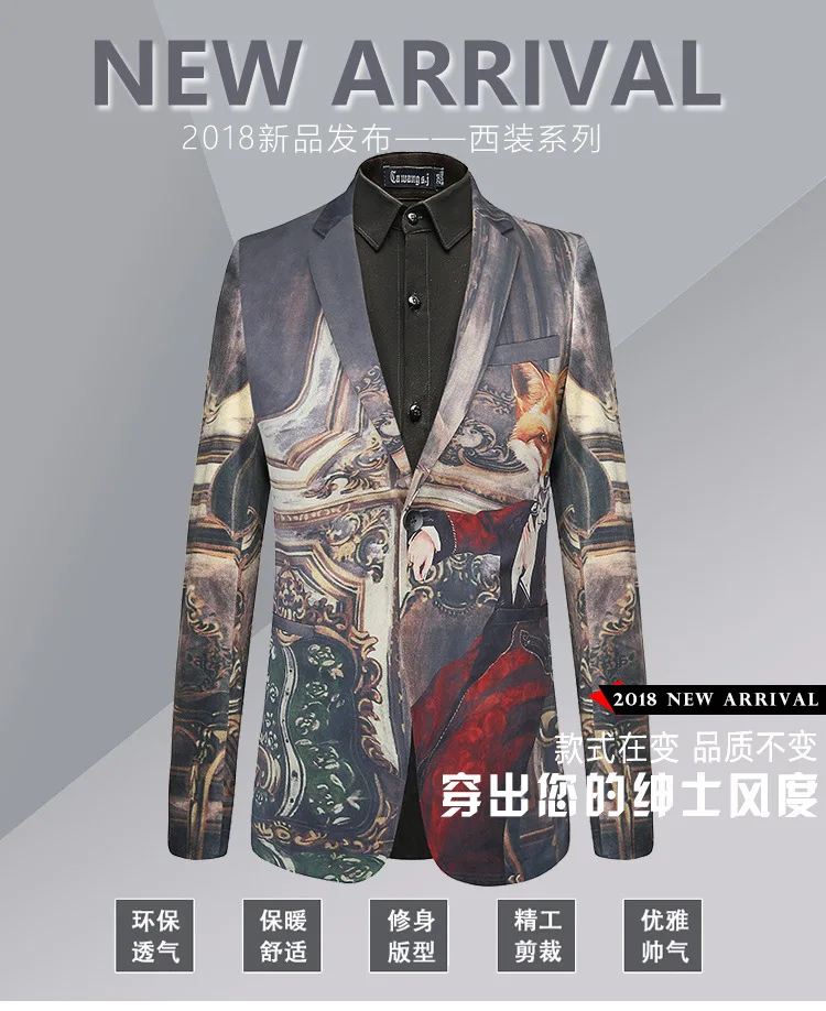 2018 Новое поступление Европейский Стиль Для мужчин Досуг Пиджаки Мода Повседневное бархатной ткани с рисунком лисы Для мужчин тонкий