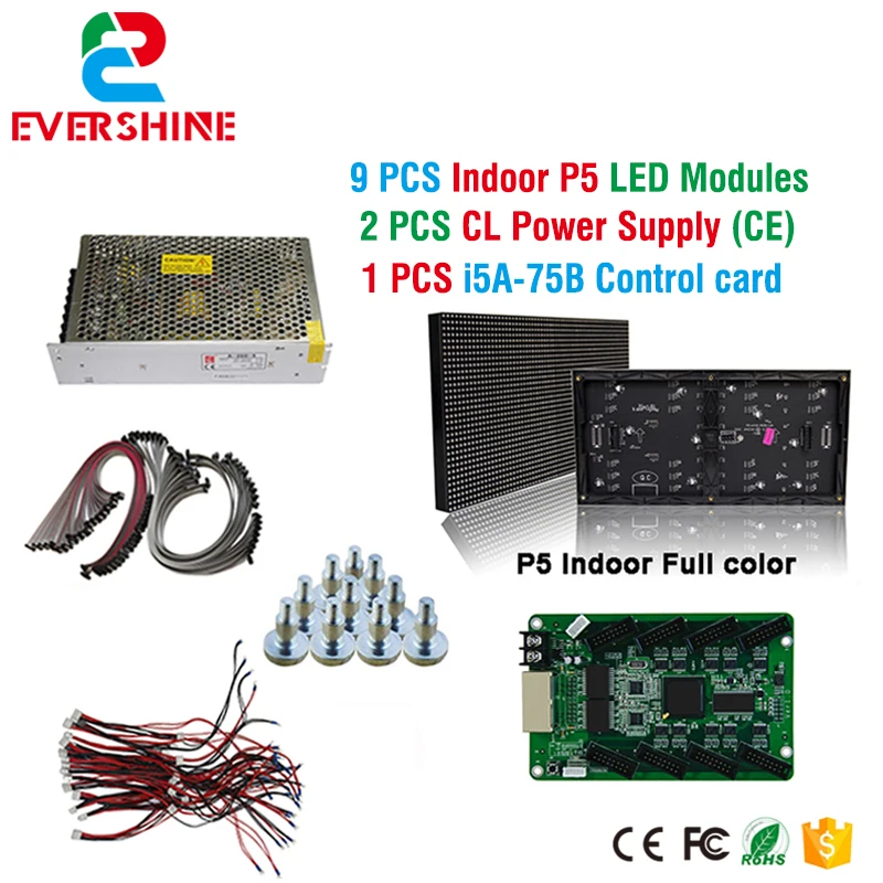 

Diy kits a led display 9pcs P5 led full color module+1pcs control card 5A-75B + 2pcs CL power supply A-200-5 with CE qualivation
