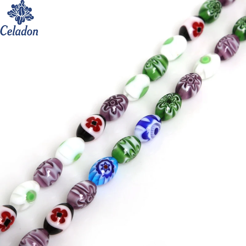 Стеклянные шарики для шитья Millefiori цветные Овальные с отверстиями 1 мм|beads for