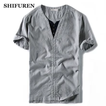 SHIFUREN Для мужчин летние Изделие из хлопка с короткими рукавами льняные рубашки дышащая повседневная мужской v-образным вырезом футболки Ретро Китайский Стиль Размеры M-4XL
