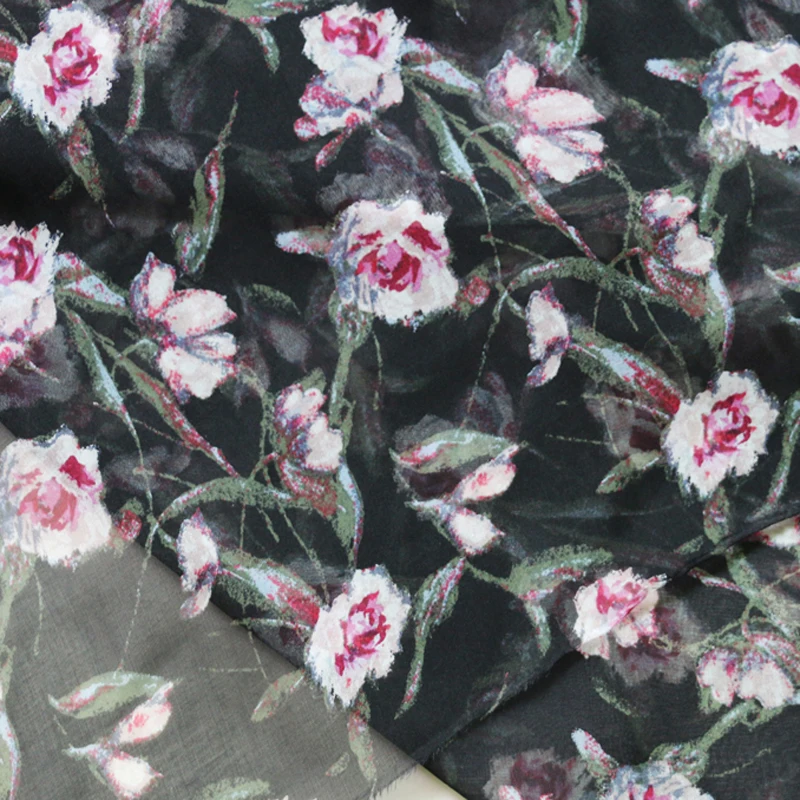 

100cm*135cm black floral silk gauze pure natural silk chiffon fabric for scarf dress