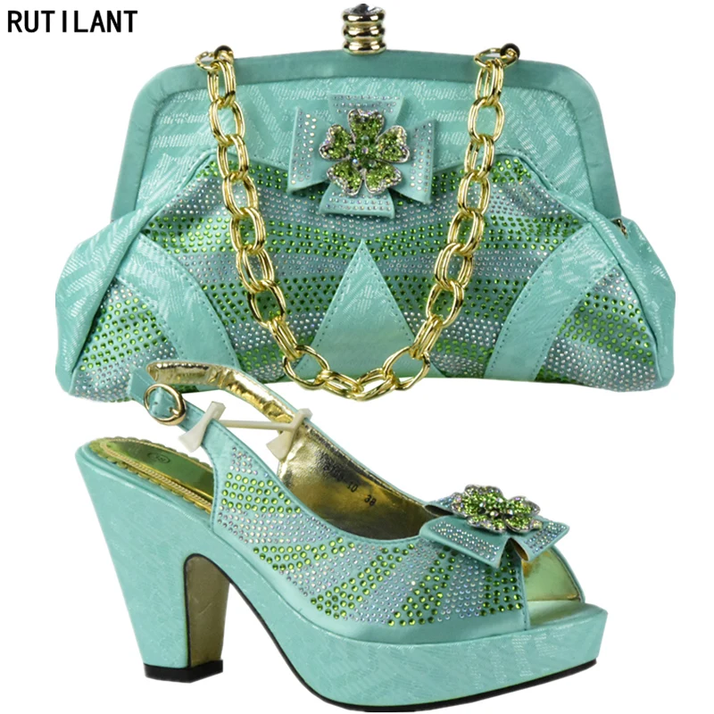 Latest Shoes and Bag Set for Woman Green Color Shoes and Bag Set