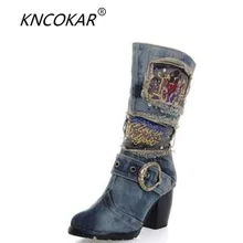 KNCOKAR/ г., новые ботинки martin ковбойские ботинки модные удобные женские ботинки на высоком каблуке со стразами