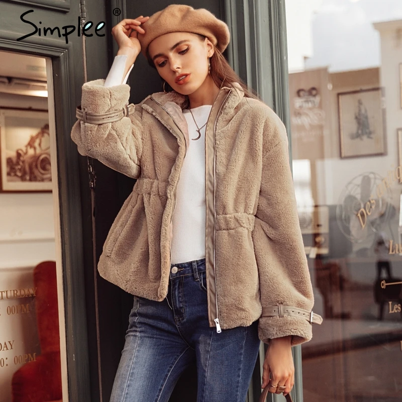 Simplee Elegant faux fur coat women 2018 Autumn winter warm soft zipper fluffy fur jacket Female fashion pink furry overcoat