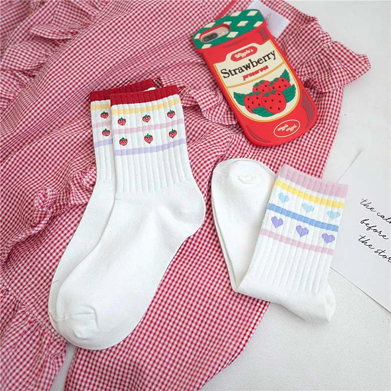 [Cospacool] Harajuku белые милые носки с сердечками/клубникой кучи креативные японские