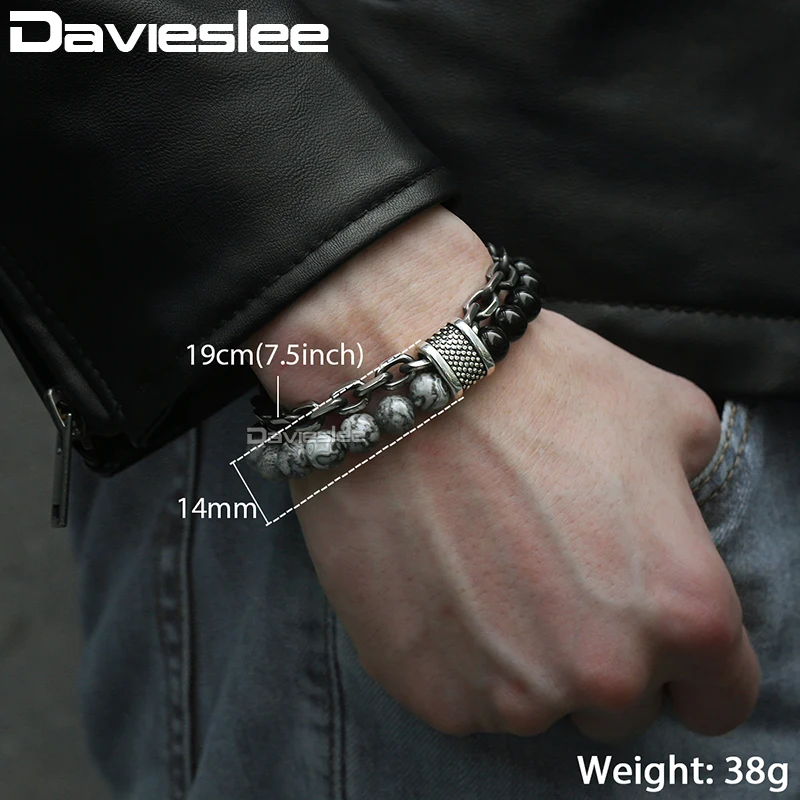 Davieslee Bracelet for Men Glass Map Stone Beads Chain Cut Cable Link Stainless Steel Black Gunmetal Tone Mens Bracelets DDB33