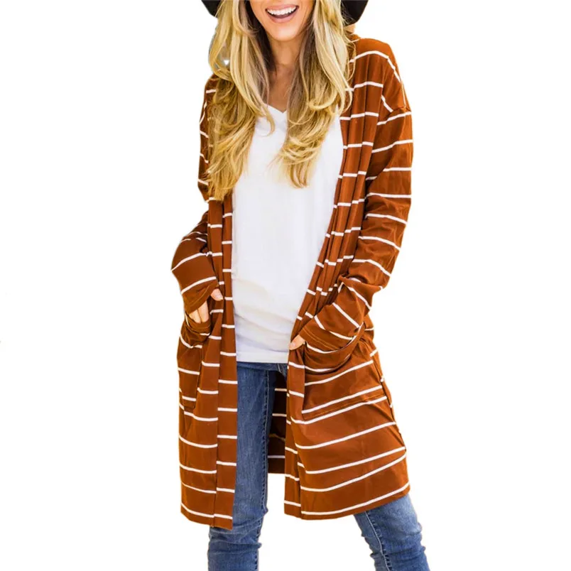 

Long Sleeve Sweater Striped Cardigan Women Open Front Sweaters With Pocket Cardigans Roupas Feminina Free Shipping 50SR10