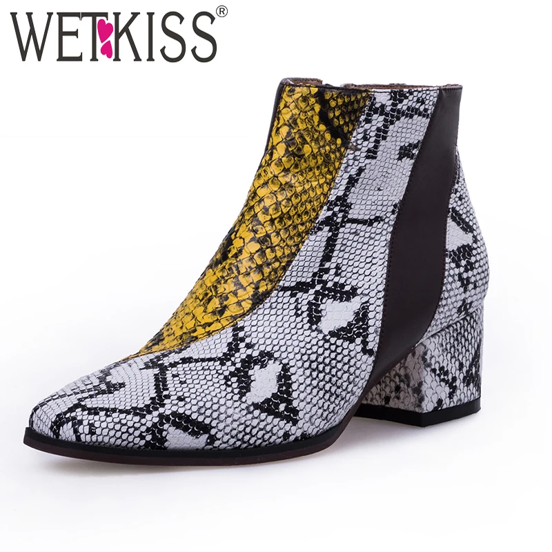 

WETKISS Snake Print High Heel Women Ankle Boots Square Toe Zip Footwear Stitching Female Boot Pu Shoes Woman Spring 2019 New