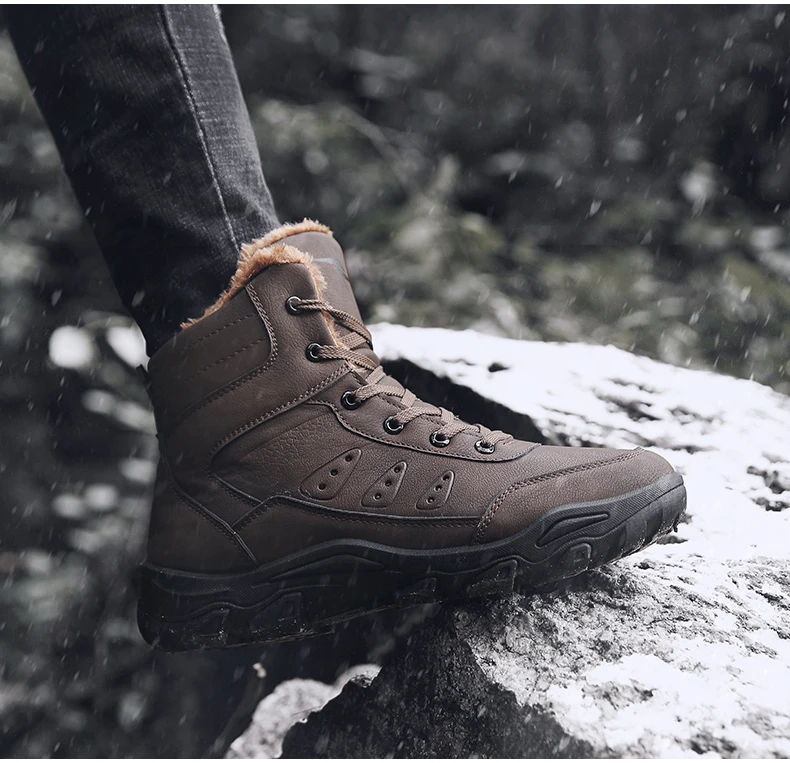 Men's Snow Boot Winter Casual Shoes With Fur Snow Boots Men Waterproof PU Leather Warm Men Winter Boots Mens Ankle Big Size 11   (4)