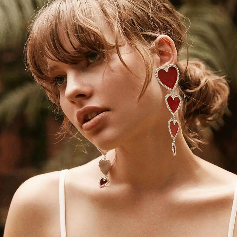 New Design Fashion Four Heart Chain Red White Black Long Dangles For Women Lady's Vintage Statement Earring Gold Earrings | Украшения и