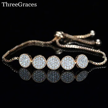 

ThreeGraces Vivid Rare 5 Pcs Round Micro Pave Cubic Zirconia Crystal Rose Gold Elegant Chain Bracelet for Office Lady BR086