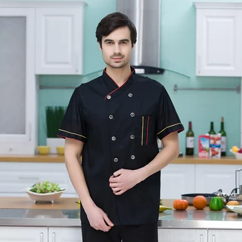 

Breathable Black Chef Short-sleeved Jacket Uniform Restaurant Hotel Work Wear Overalls Kitchen Men Women Home Coat Suits