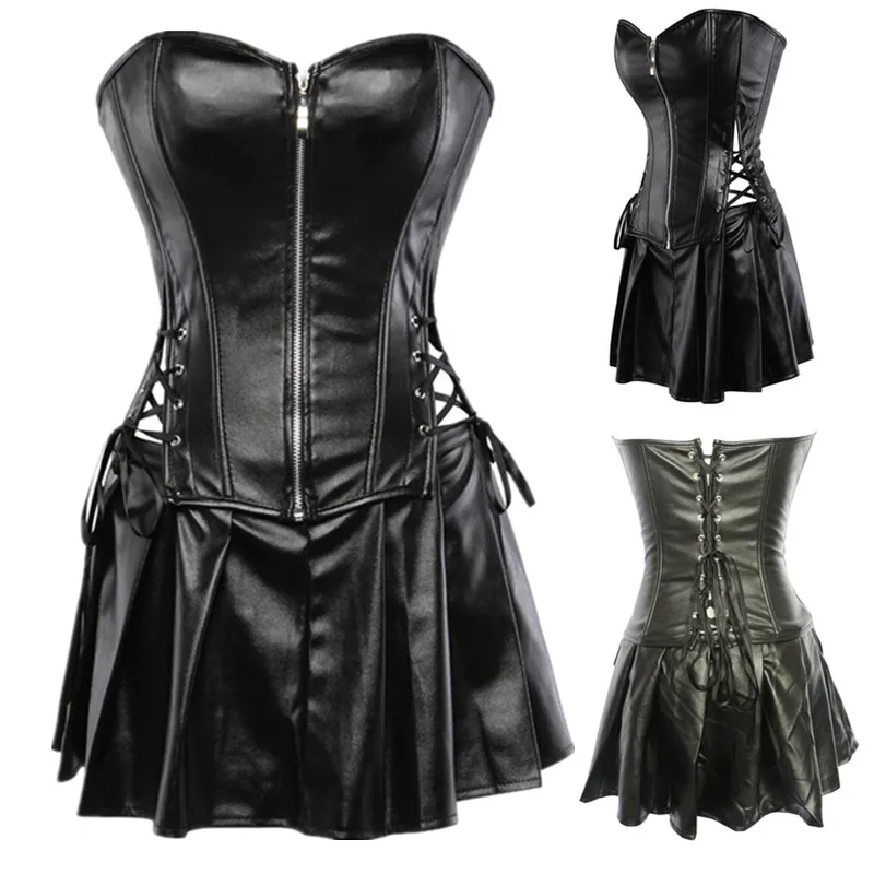 Plus Size S 6XL Hot Gothic Black Faux Leather Corset With Skirt Women ...