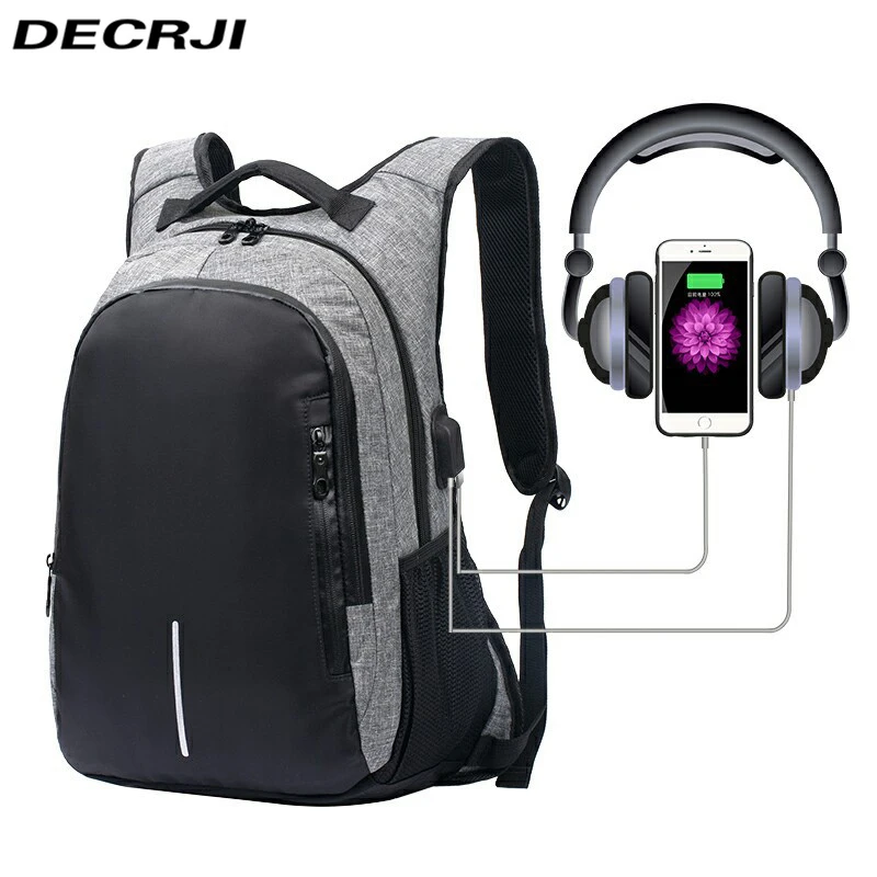 Günstige DECRJI 15,6 zoll Laptop Rucksack Männer Wasserdichte Business Reisetasche Männlichen USB Lade Rucksack Schule Tasche für Männer Große Kapazität