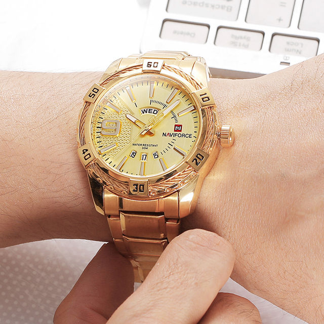 NAVIFORCE Luxury Brand Mens Sport Watch Gold Full Steel Quartz Watches Men Date Waterproof Military Clock Man relogio masculino