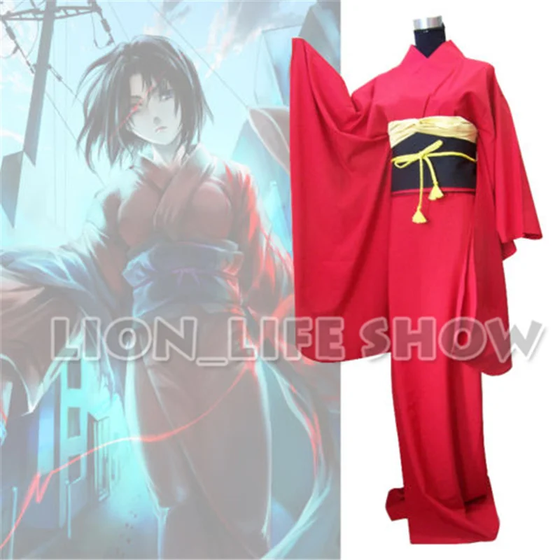 Japan Traditional Women Ryougi Shiki Red Furisode Kimono Cosplay Costume Set | Тематическая одежда и униформа