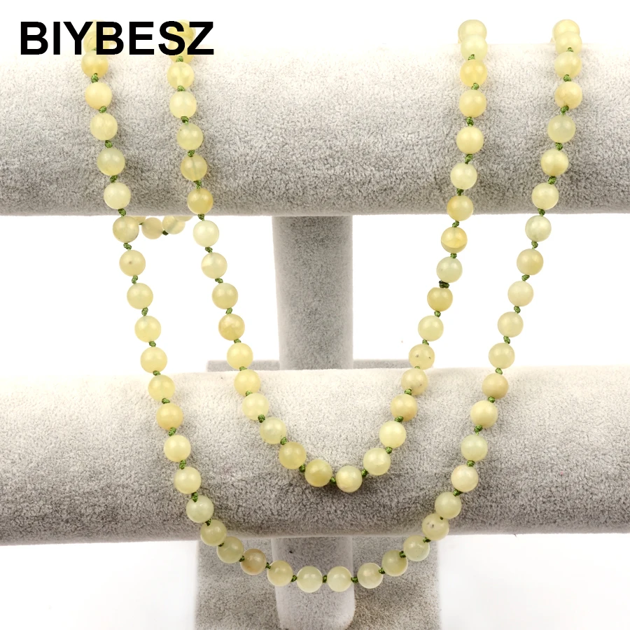 

Vintage Round Light Green Natural Stone Beads Necklace Womens Yoga Gift Handmade Long Necklaces Jewelry Accessories 8mm BIYBESZ