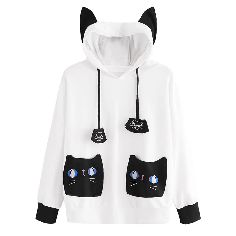 Kawaii Woman Hoodies Long Sleeve Hoody Cat Print Hoody Ladie Pocket Hooded Sweatshirt Pullover Sudaderas Wholesales #F#40AT2901