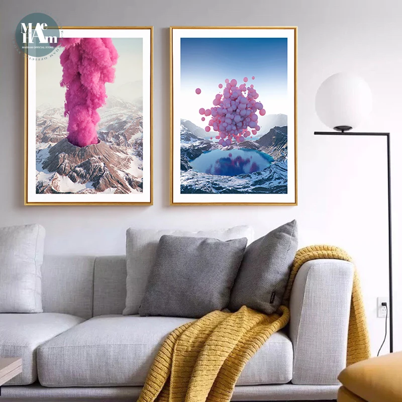 

Nordic Canvas Painting Pink Balloon volcano blue smoke Prints Art Posters Prints Landscape Art Wall Picture Living Room Decor