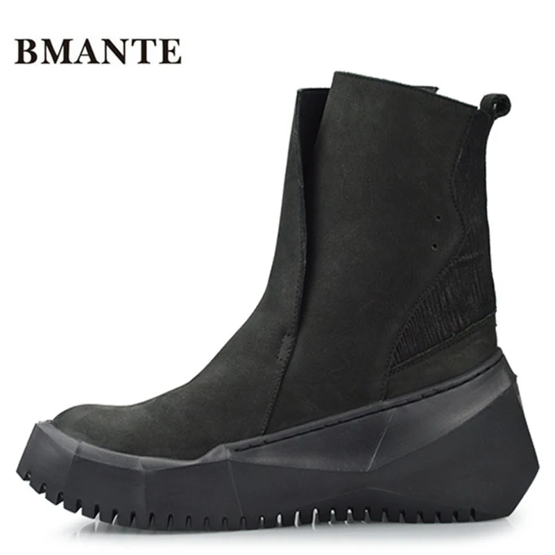 

Cow suede Real genuine male black tide Motorcycle boot bot street style Bootie Platform elevator Thick low Harajuku shoe for men